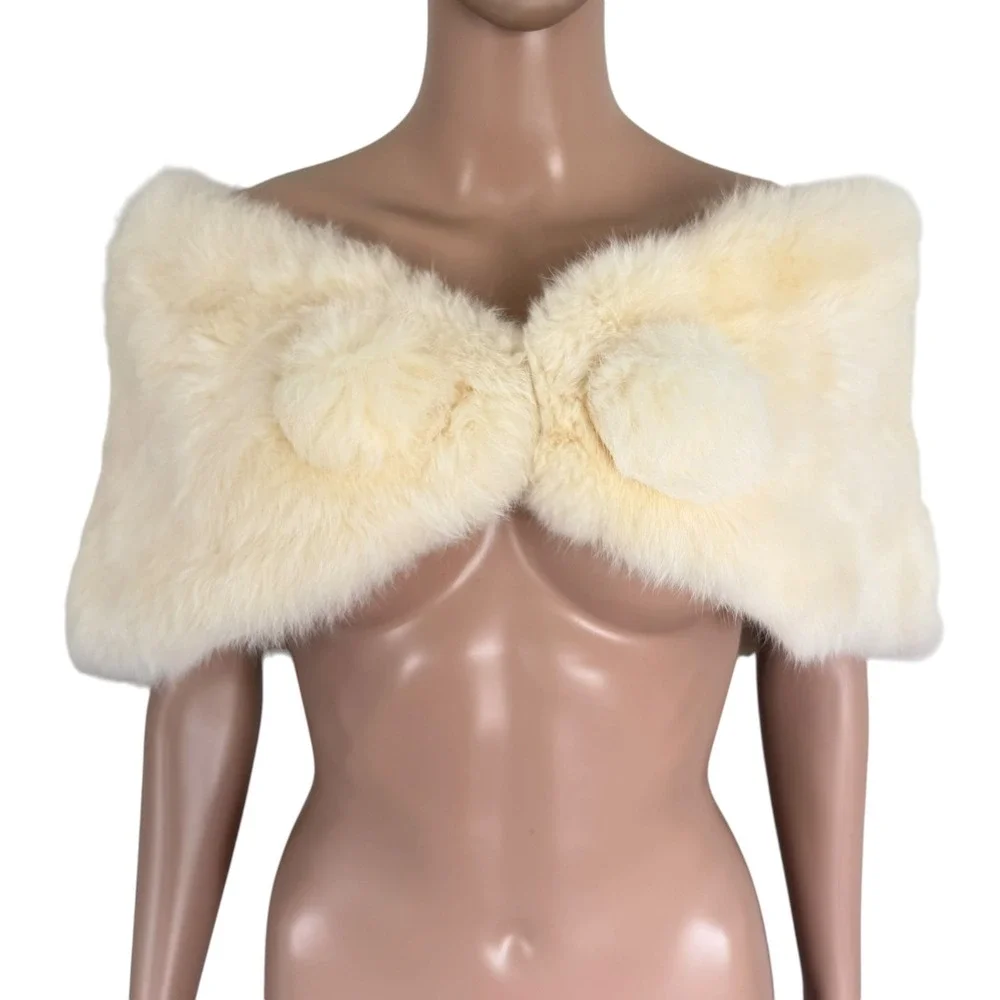 Vintage Cream Rabbit Fur Stole Wrap Bridal Wedding Shrug Pom Pom Detail Lined